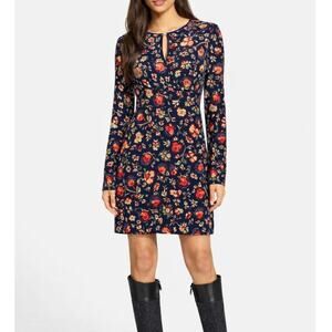 Tory Burch Navy Floral Shift Dress Long Sleeve Keyhole Neck Rayon Size small